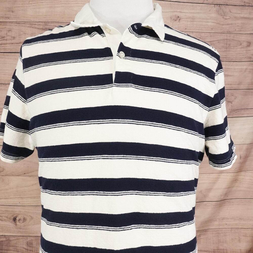 MNG Polo Shirt Mens‎ Large Navy White Stripe Regular Fit Short Sleeve Collared
